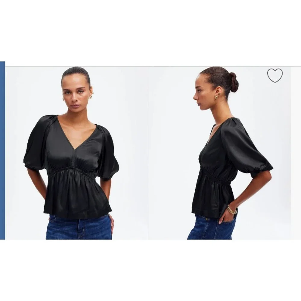 Madewell Womens $85 Shirred Puff-Sleeve Top in Satin Black Size XS NT234